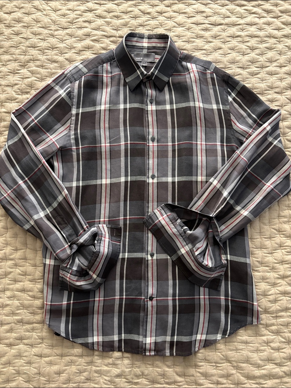 Vince 👀👀 Men's Black and Gray Plaid Button-Down Shirt with Red Accents